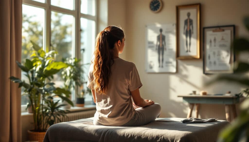 mujer sentada en la cama mirando por la ventana con luz natural