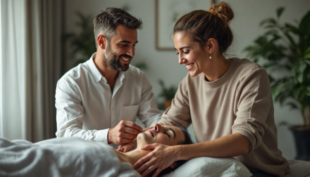 pareja feliz recibiendo terapia alternativa en clinica naturista