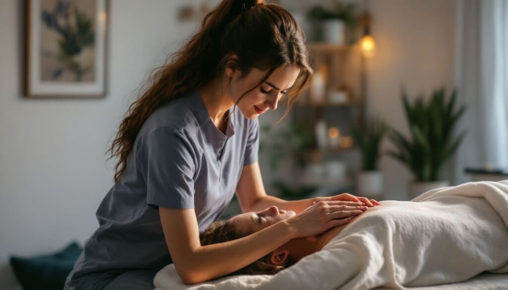 terapeuta mujer realizando tratamiento relajante manos consulta
